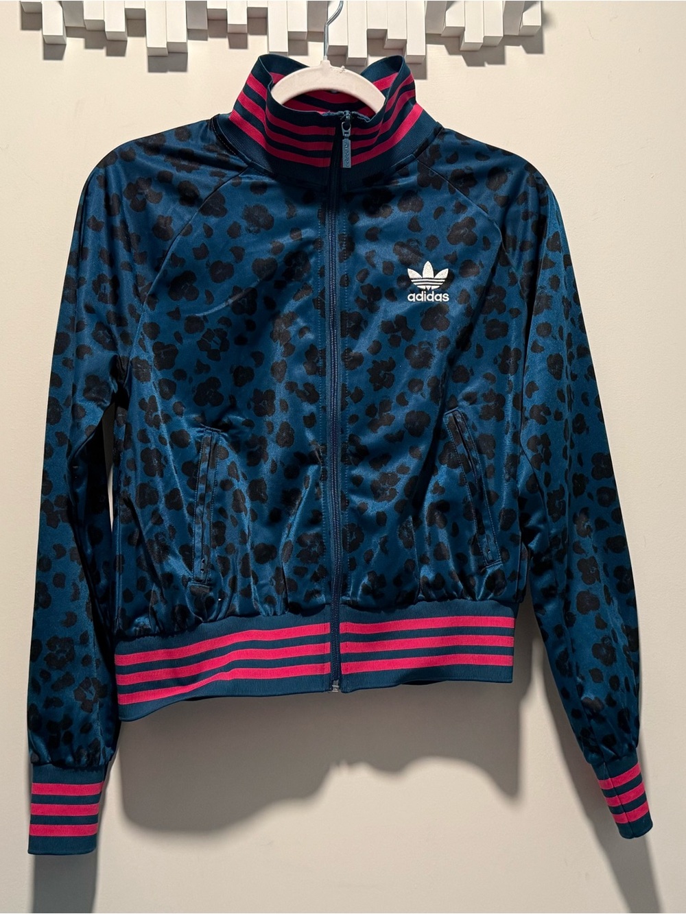 adidas Blue Leopard Print Track Jacket with Pink Stripe Trim